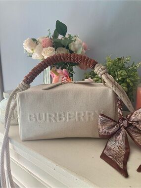 Burberry Cream Canvas Top-Handle Satchel with Brown Accents